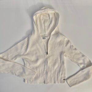 Hollister White Crop Ribbed Zip Up Sweater Hoodie